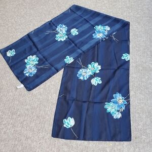 Italy Floral Scarf Silky Navy Blue Tulips Watercolor Flowers Stripes Lightweight